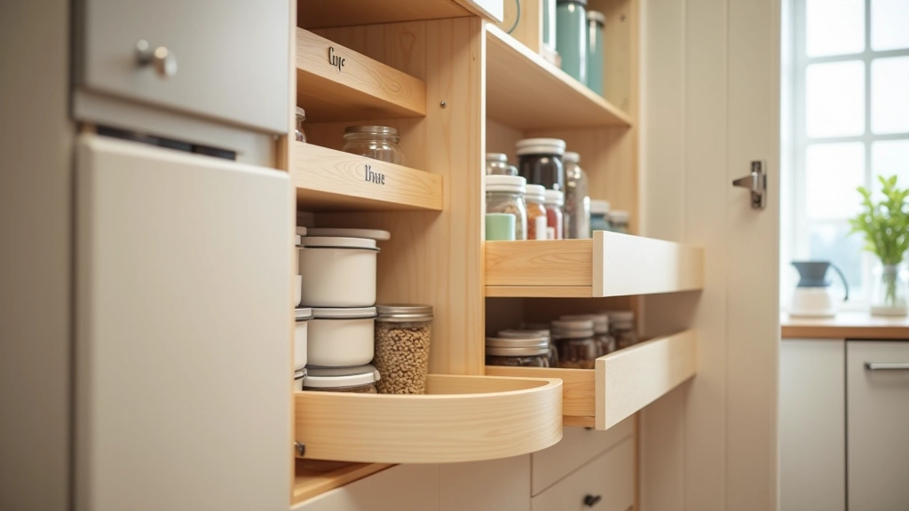 Kitchen cabinets with pull-out drawers, tiered shelving, and clearly labeled storage containers for food items