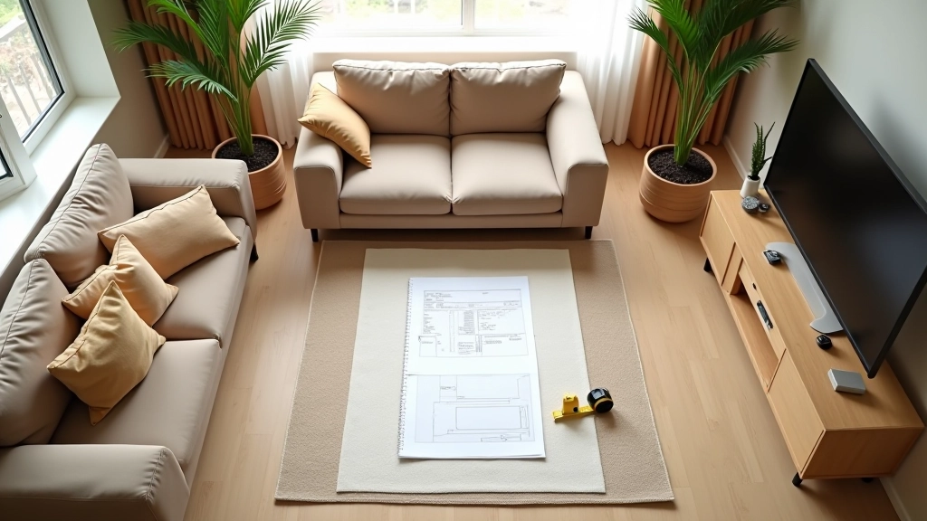Living room floor plan sketch with furniture placement zones and measurements marked